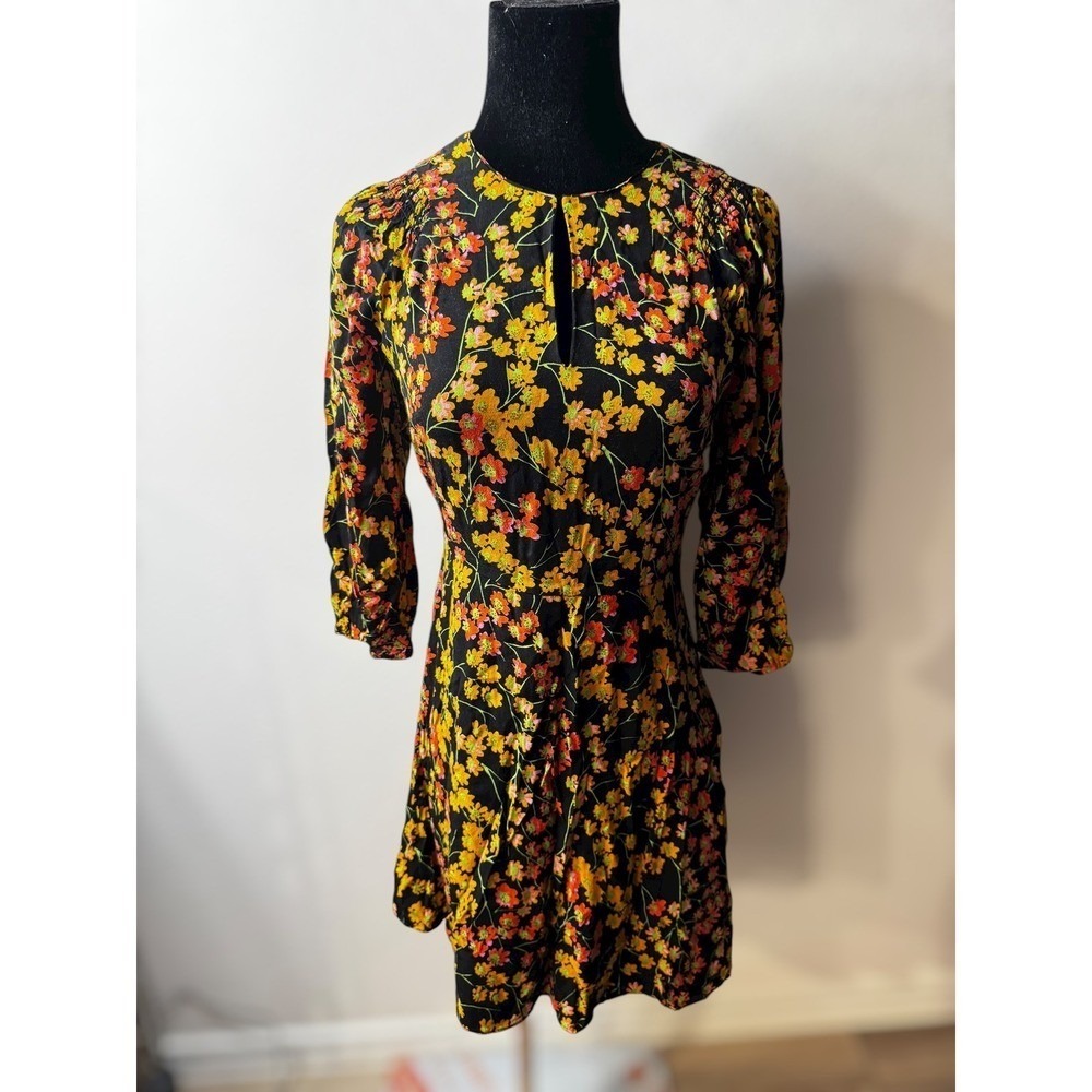 WHISTLES Ester Black Floral Daisy Print Keyhole‎ Neck Mini Dress Fat and Flare